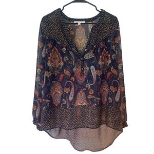 DR2‎ Women's Paisley Print Sheer Blouse - Multicolor Bohemian boho SZ L high low